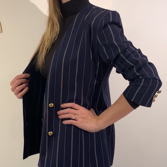 Vintage 80's Navy Pinstripe Blazer - Picture 4 of 10